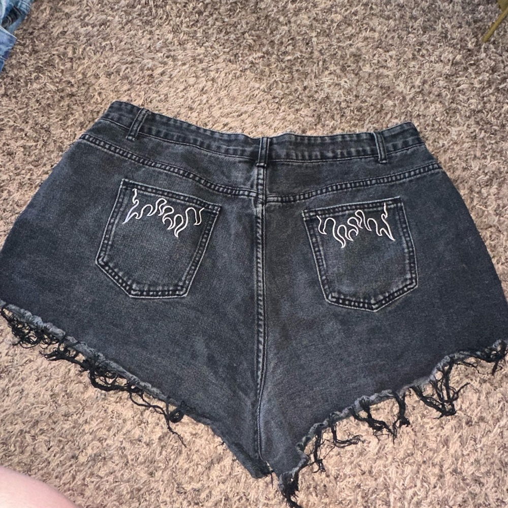 Black Denim Shorts with Flame Embroidery